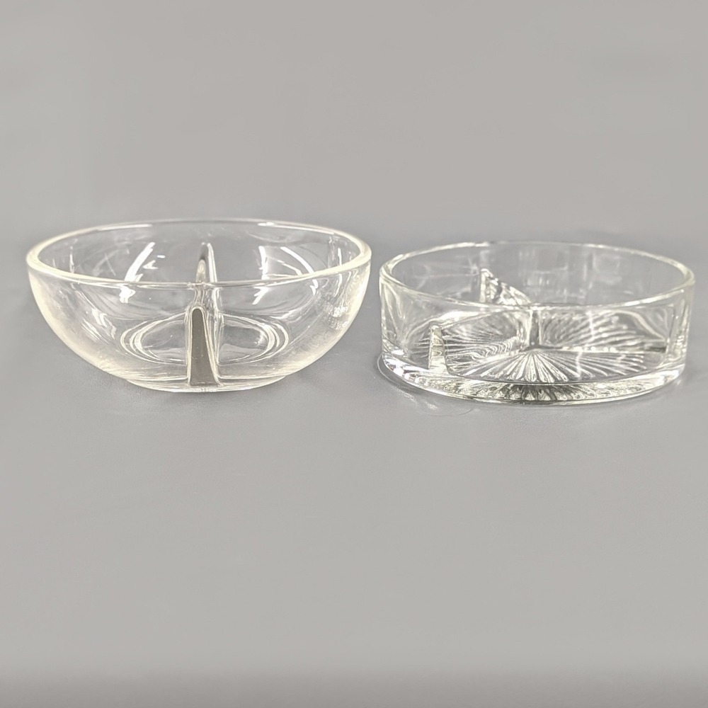 Vintage Clear Pressed Glass Divided Relish Dishes Set of 2, Starburst Pattern